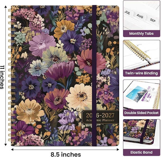 Taja Planner 2026-2027, Jul 2026-Jun 2027 Monthly & Weekly Calendar Planner | 8.5" x 11", Hardcover Academic Calendar, Teacher Student Agenda Book with Tabs, School Office Supplies, Midnight Bloom
