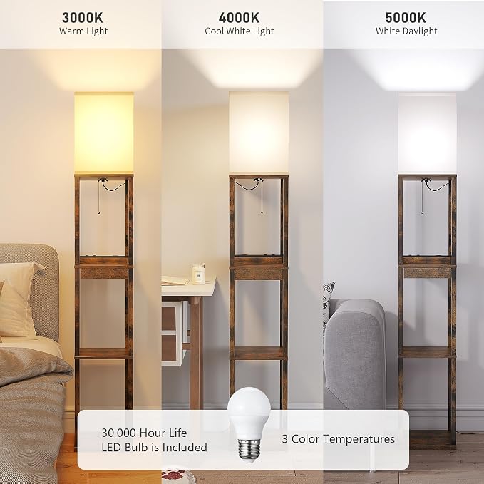 SUNMORY Floor Lamp with Shelves, Modern Dimmable Standing Lamp with Drawer & 2 USB Ports & 2 Power Outlet, Corner Tall Shelf Lamp for Living Room and Bedroom (Rustic Browm) | 1 Drawer & 2 USB Ports & 2 Power Outlet, 3 CTT Bulb, Modern Dimmable Standing...