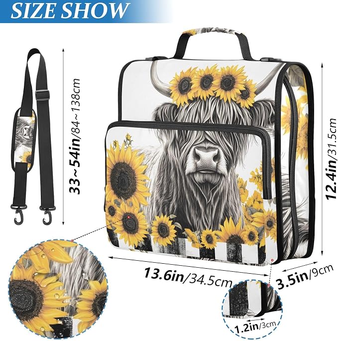 3 D-Ring Zipper Binder Bag, Gray Highland Cow Yellow Sunflower Removable Binder with Zipper Case Hold 300+ Sheets& 13 Inch Laptop for School Office Supplies Organizer