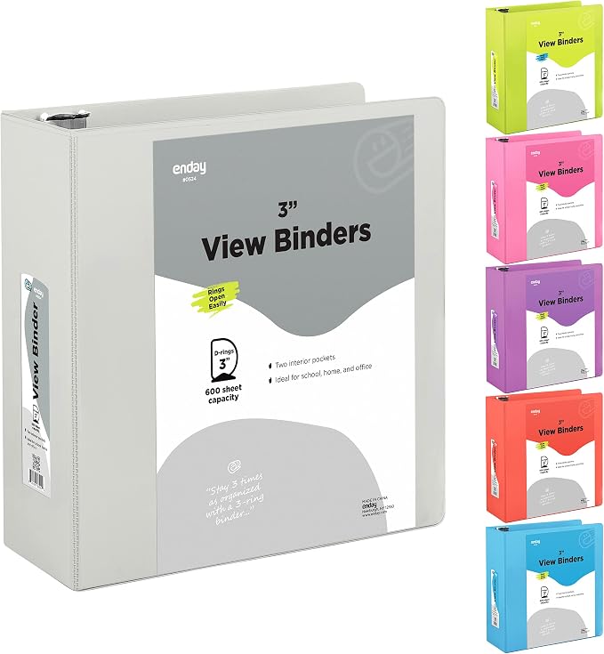 Enday 3 inch Binder (24 Pack - Grey) 3 Ring Binder 3 inch with Clear View Cover and 2 Inside Pocket - for Letter Size 8.5 x 11'' Paper, Ideal for School Supplies, Office, and Home