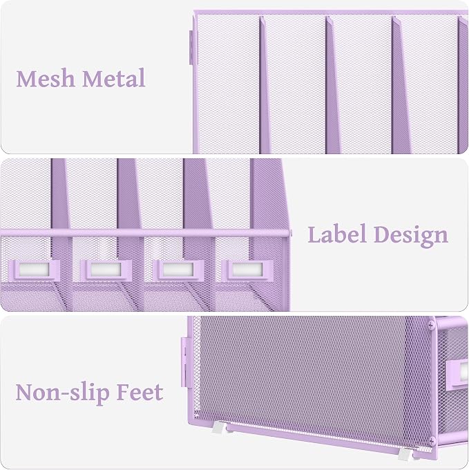 Desk Organizers Metal Desk Magazine File Holder with 5 Vertical Compartments Rack File Organizer for Office Desktop, Classroom, Home Workspace, Purple