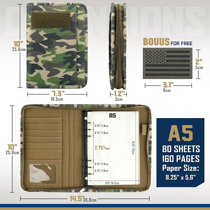 WYNEX Tactical Notebook Padfolio 6 Ring Binder, A5 Refill Paper | M-7.3x10" Zip Hardcover Notebook, 80 Sheets Loose Leaf Paper, 1"O-ring Water-Resistant Planner, for Office College Field Gift