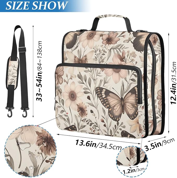 3 D-Ring Zipper Binder Bag, Flower Butterfly Pattern Removable Binder with Zipper Case Hold 700+ Sheets& 13 Inch Laptop for School Office Supplies Organizer