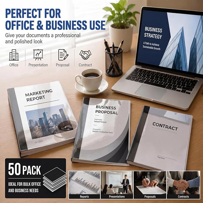 50 Pack Letter Size Thermal Binding Covers 1/16 Inch Spine for 9-18 Sheets, Clear PET Front Black Cardstock Back, Presentation Report Covers for Thermal Binding Machines, for Office, School