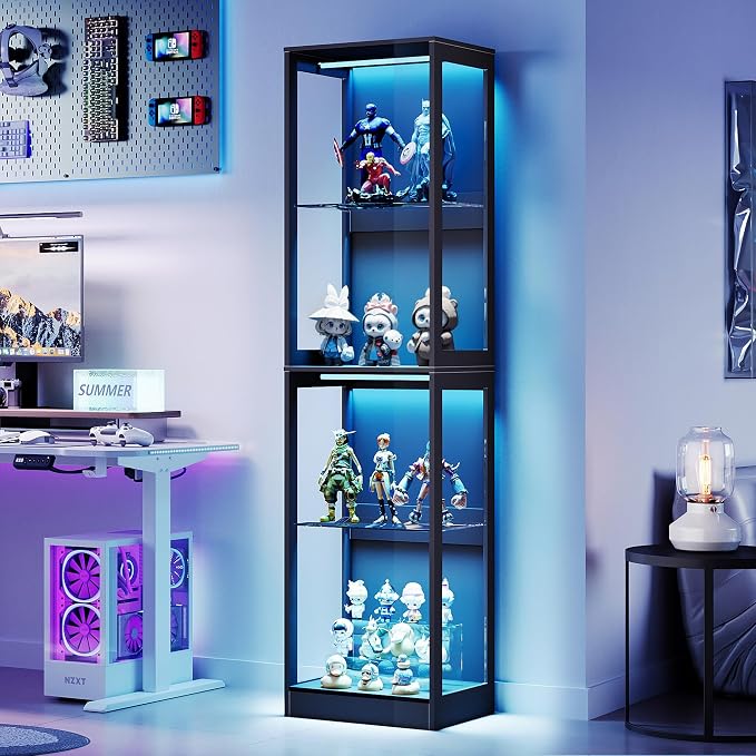 AMERLIFE 18-Inch RGB Open Display Cabine | 70 H x 18 W x 14 D In, 4-Tier Storage, Adjustable Shelves, RGB LED Lights, Open Design, Black
