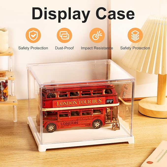 Rolife Acrylic Display Case Dust Cover for Collectibles, Dustproof Protection Showcase with White Base with Door for Mini Dollhouse, 3D Puzzles (8.8''x7.6''x6'')