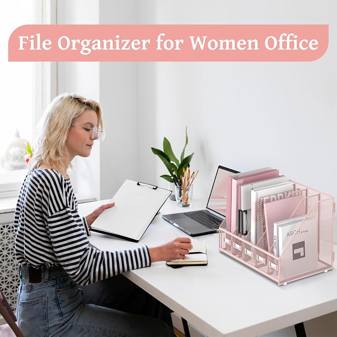 Desk Organizers Metal Desk Magazine File Holder with 5 Vertical Compartments Rack File Organizer for Office Desktop, Classroom, Home Workspace, Pink
