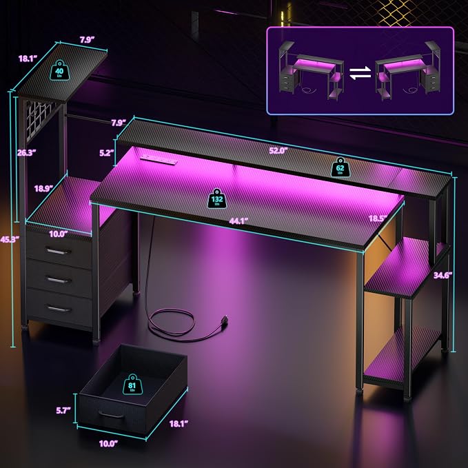 Korfile 63 Inch Gaming Desk with Bluetooth LED Lights & Power Outlets,Computer Desk with Fabric Drawers & Hooks,Reversible Gamer Table with Monitor Stand for Game Room,Home Office,Carbon Fiber Black | Reversible，Computer Desk, Gamer Table, Bluetooth LE...