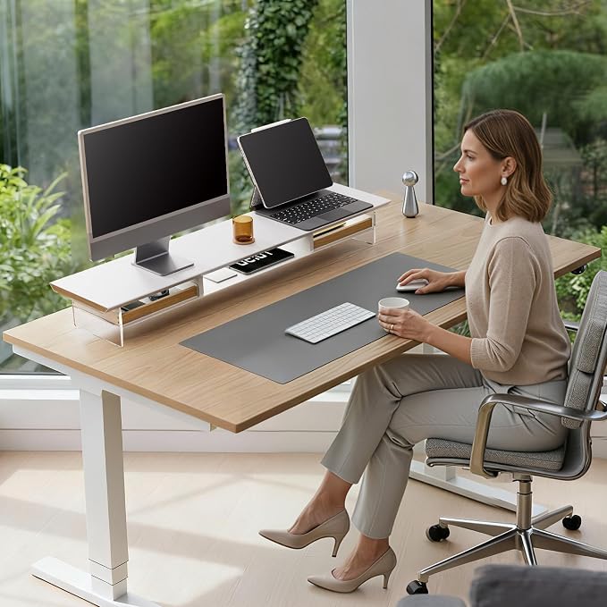 Fenge 42.5-Inch Monitor Stand with 2 Flexible Drawers, White | Metal Shelf, Solid Wood Accents, Clear Acrylic Legs, Modern Desktop Organizer for Dual Monitors, Laptop & Printer