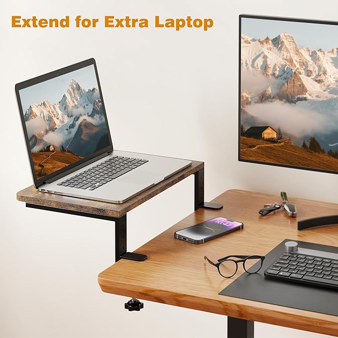 Desk Extender, 15-inch Clamp-On Desk Shelf, Height-Adjustable Desktop Shelf Organizer for Monitors Office and Gaming Accessories, Arm Support Table Extension, 44lbs Heavy Duty, Dark Brown