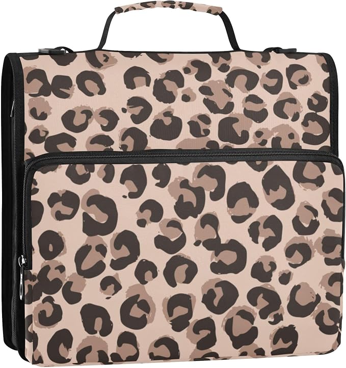 Fisyme Leopard Cheetah Print Zipper Binder 3 Ring with Zipper and Shoulder Strap Large Capacity Multi-Pocket Zipper Binder Organizer