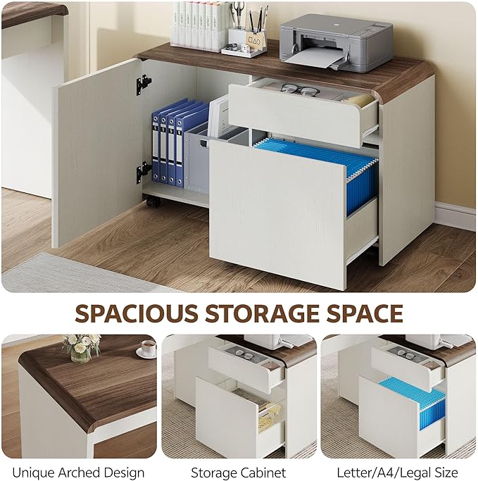 78" L-Shaped Desk with Mobile File Cabinet, White & Walnut | Mid-Century Executive L-Desk with Mobile File Cabinet, Drawers & Power Hub (4AC+2USB) Waterfall Edge. For Home Office