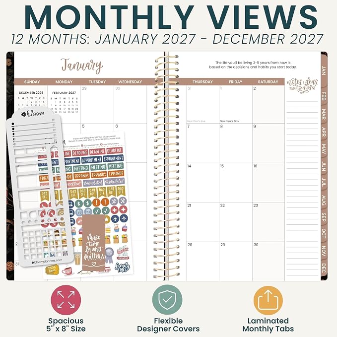 bloom daily planners 2027 Planner (January - December 2027) - Weekly & Monthly Softcover Planner for Women - Calendar Year Inspirational Agenda Book with Stickers - 5.5" x 8.25" - Moody Floral