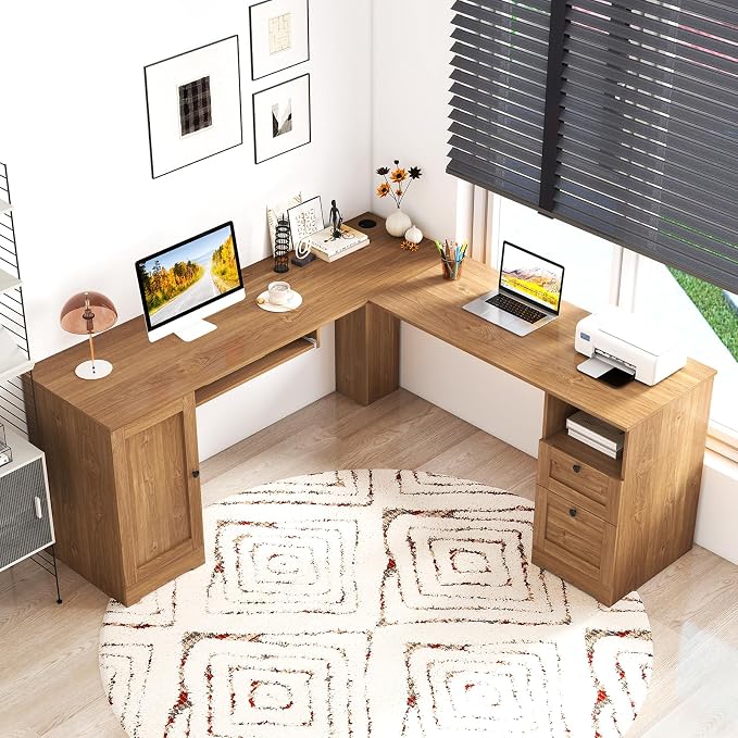 Giantex 66" L-Shaped Desk with Storage Drawers & Charging Station, Spacious Corner Computer Desk with Keyboard Tray, Adjustable Shelf, Cabinet, Huge Workspace Home Office Study Writing Desk (Natural)