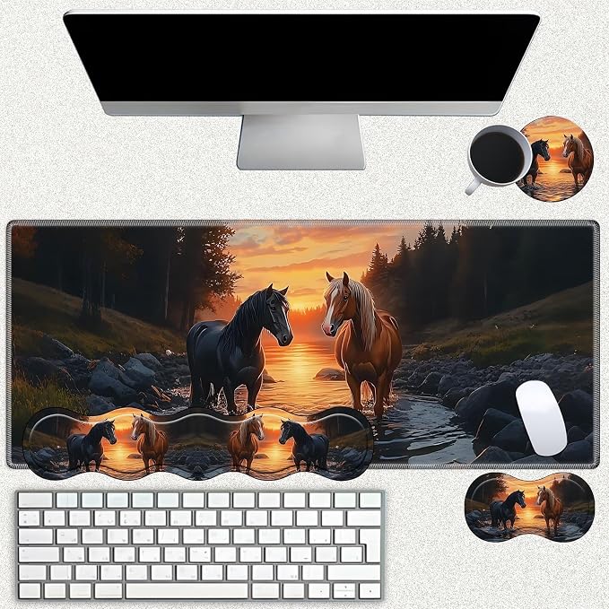 Desk Mat Large Gaming Mouse pad Set 31.5x11.8 inch [4in1Mousepad + Keyboard Wrist Rest+Mouse Wrist Rest+Coaster ] with Ergonomic Desk Pad for Home Office Table Computer - Oil Art Horse