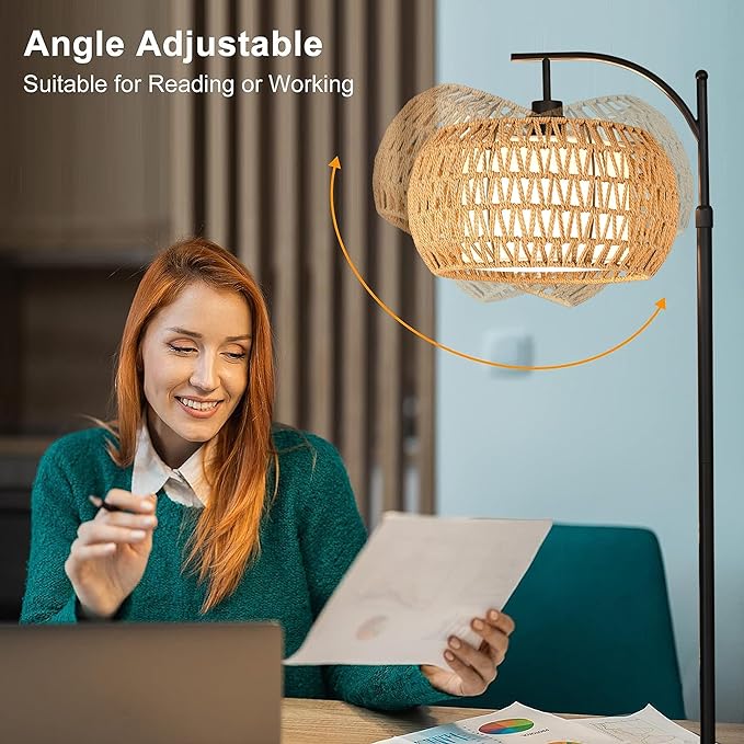 Arc Floor Lamps for Living Room Rattan Boho Floor Lamp with Remote Control,Dimmable LED Floor Lamps Wicker Lamp Shades Black Standing Lamp with 3 Color Temperature Tall Floor Lamp For Bedroom Corner