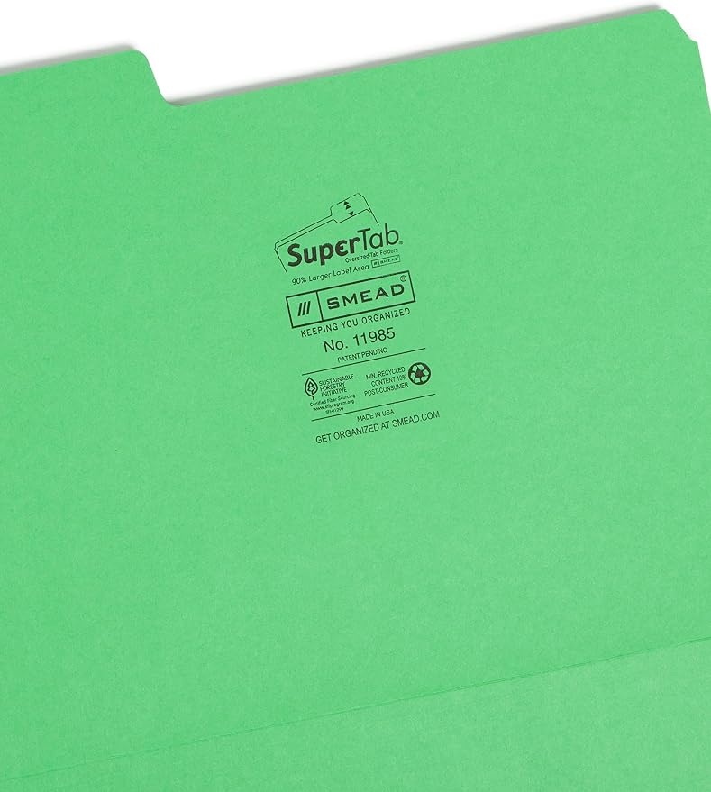 Smead SuperTab File Folder, Oversized 1/3-Cut Tab, Letter Size, Green, 100 per Box (11985), Pack of 1