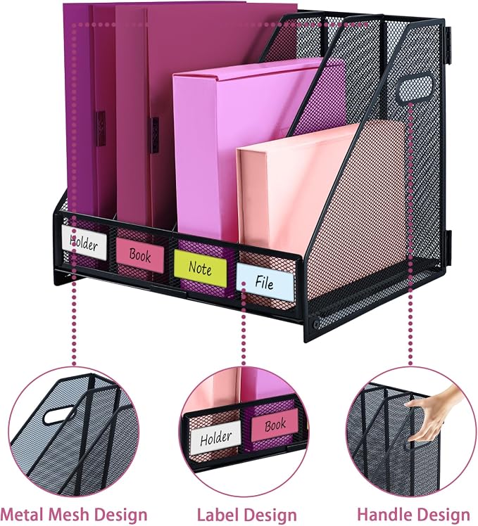 Desk Organizers, Metal Magazine File Holder with 4 Vertical Compartments Rack Binder File Organizer for Office Supplies, Home Workspace - Black