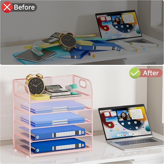 5-Tier Stackable Paper Organizer with Handle, Pink | Metal Mesh Letter Tray, Stylish Desk File Sorter for Office, Home & Classroom Supplies
