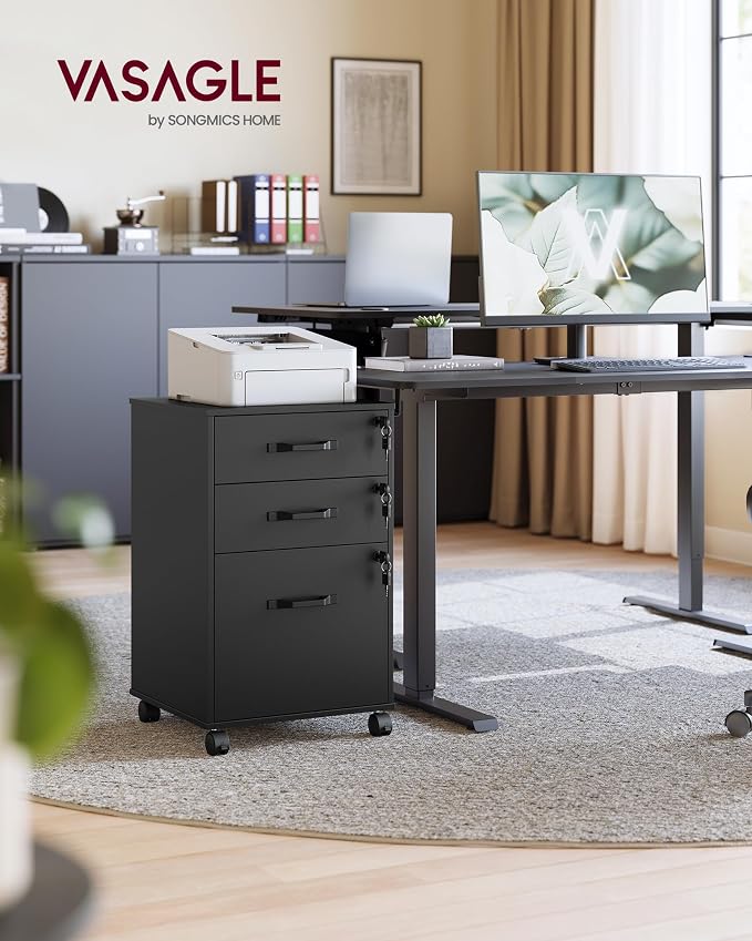 VASAGLE 3-Drawer Mobile File Cabinet, Home Office, Locking, Printer Stand | Highlight: Small Rolling, A4, Letter-Size Hanging File Folders, Ink Black, CUSTOS Collection UOFC084BC01SV1