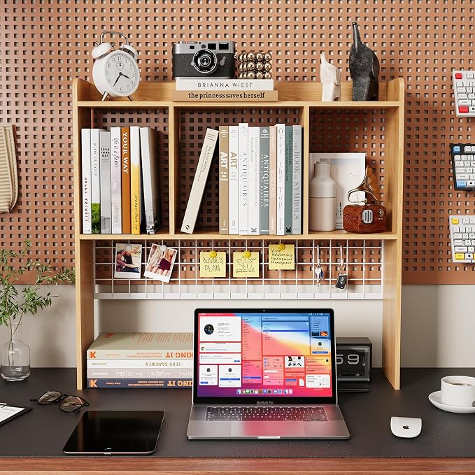 Desktop Bookshelf,Countertop Storage Hutch with 3 Shelves for Computer Desk，2-Tier Display Rack with Grid Panel, Multipurpose Wood Desk Hutch Storage Organizer for Home Office Dorm (Natural)