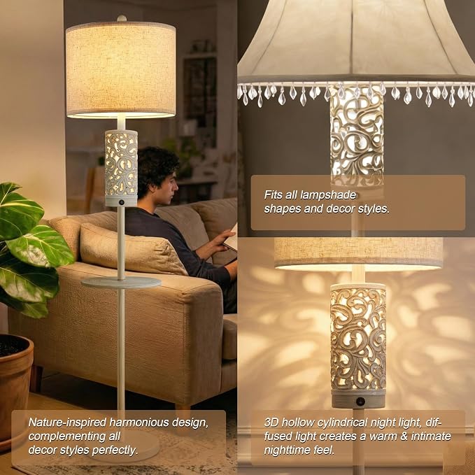 Dimmable Farmhouse Floor Lamp for Living Room, 2-in-1 Rustic Floor Lamp with Main&Night Light,Linen Shade&Dual Switches, 65" Standing Lamp for Bedroom Office Corner Dining Room, Wood Pole Lamp