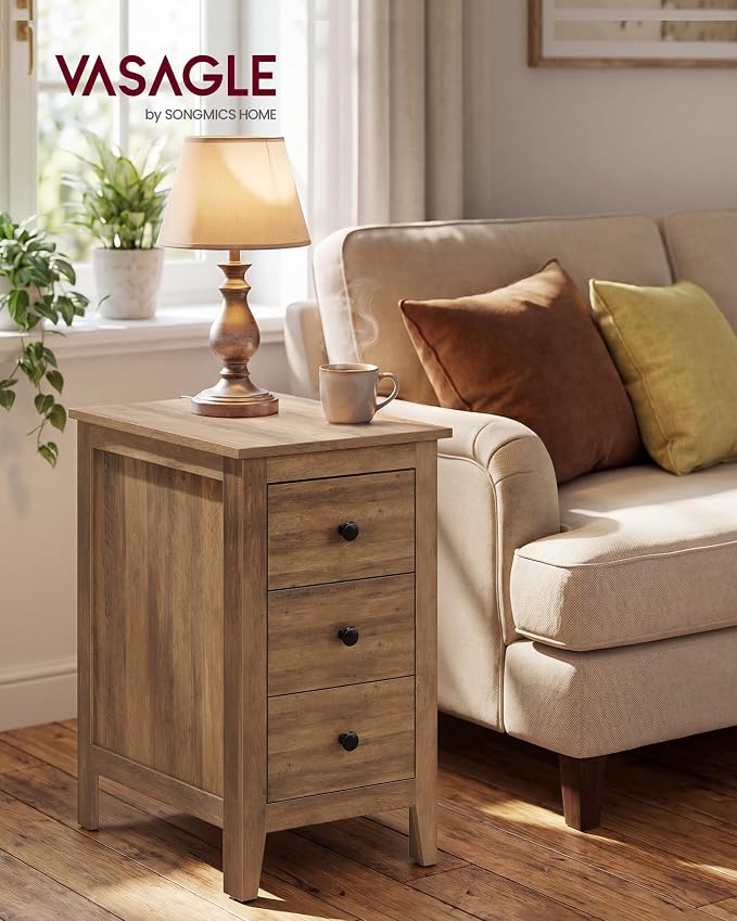 VASAGLE Side End Table with 3 Storage Drawers, Nightstand Farmhouse | Narrow Bedside Table for Living Room, Bedroom, Home Office, Honey Brown, LIRY Collection ULET132K101S