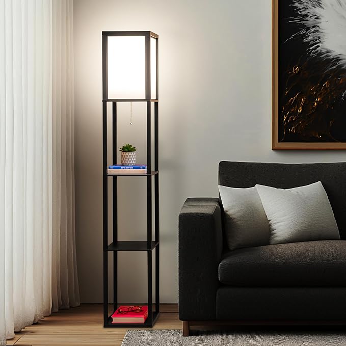 Brightech Maxwell - Modern Shelf Floor Lamp with Lamp Shade & Warm White LED Bulb, Corner Display Floor Lamp with Shelves for Living Room, Bedroom, Nightstand Office, Home Decor Storage - Black