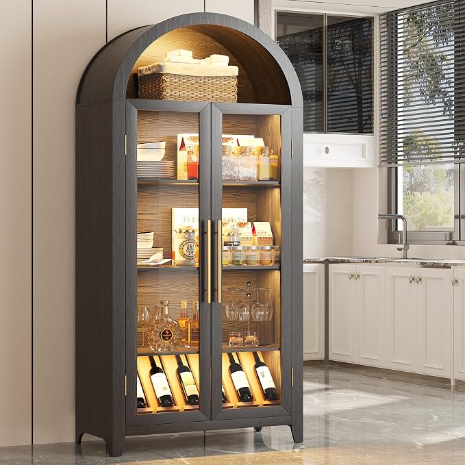 Vlsrka 71" Arched Kitchen Pantry Storage Cabinet with Glass Doors | 5-Tier Display Cabinets for Collectibles, Tall Bookcase with LED Light & Motion Sensor, Curio Cabinet with Adjustable Shelf