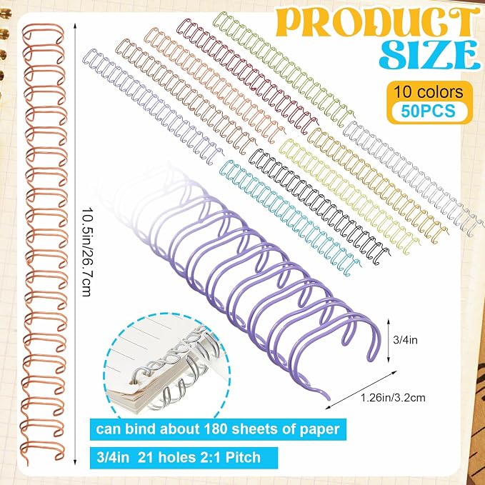 50 Pcs Metal Double Loop Binding Wires 3/4 Bulk Cinch Binding Wires Double Spiral Ring Coil 10 Colors Twin Spines Combs 21 Holes 2: 1 Pitch Cinch Coil Machine Wire