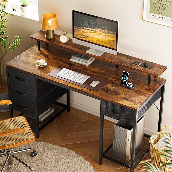 Huuger 55 inch Computer Desk with Power Outlets & 4 Drawers | Gaming Desk with LED Lights, Home Office Desk with Storage Space for Bedroom, Work from Home, Rustic Brown