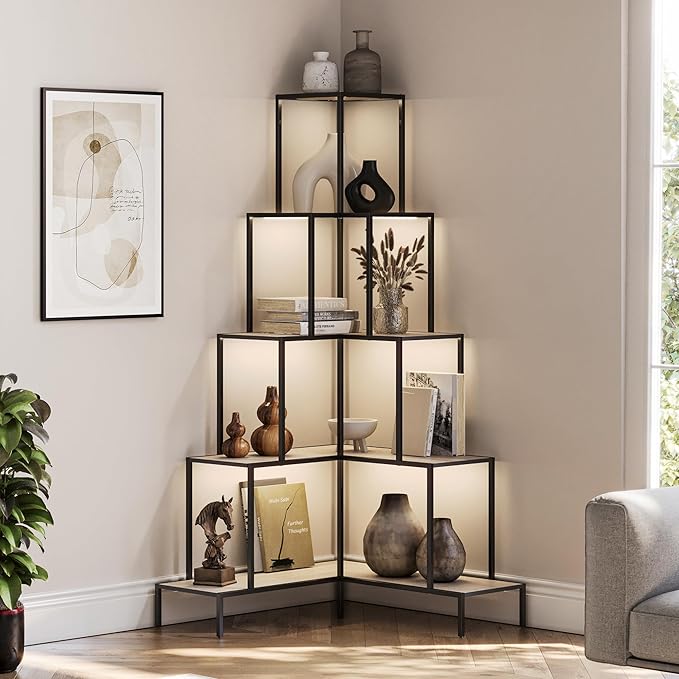 BELLEZE 5-Tier Corner Bookshelf with RGB Light, Remote Control Multiple Lighting Modes and Colors, 66" Tall L-Shaped Bookcase, Storage & Display Rack for Living Room, Courtyard and Home Office -Nature