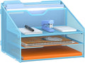 GAWERK Letter Tray Organizer, Mesh Desk File Organizer with 3 Paper Trays and 2 Vertical Upright Section (Blue)