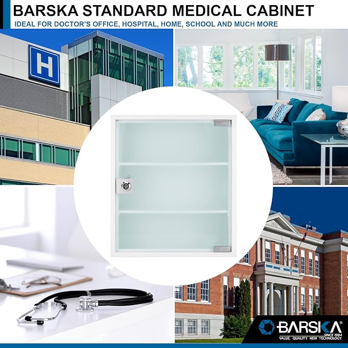 Barska Wall Mount Medical Security Cabinet with Key Lock – Standard Size, Includes Magnetic Erase Pad for Medications, First Aid, or Supplies - Medicine Cabinet Organizer - Medicine Storage Glass