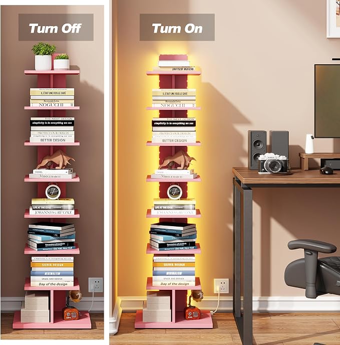 TUTOTAK Book Shelf, Narrow Spine Bookshelf, 8-Tier Bookcase with LED Lights | 10.4 x 13.4 x 47.5 Inches Vertical Freestanding Corner Shelf for Living Room, Office, Small Space, Pink BS06BP008L