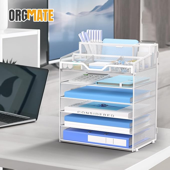 6 Tier Mesh Paper Desk Organizer with Pen Holders, White | Features 3 pen holders, and 5 adjustable compartments for office school home desk storage