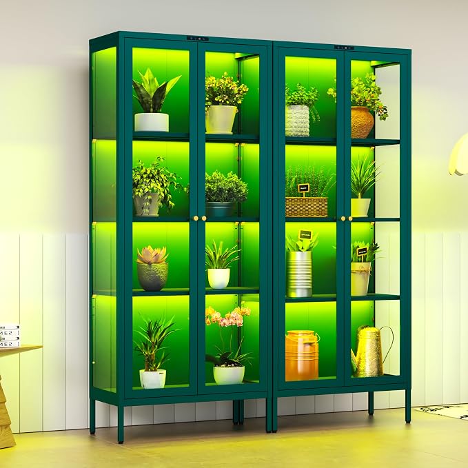 Polup 66" Green Glass Display Cabinet with 8-Color LED for Plants | Metal Frame & Tempered Glass Doors, Motion Sensor LED, 4-Tier Space, 3 Adjustable Shelves, for Indoor Plants & Figures