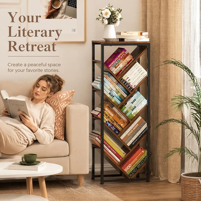 Cutogxon Tree Bookshelf - 9 Tier Floor Standing Tree Book Storage Organizer with Adjustable Feet for Hardcover Books, Vintage Living Room