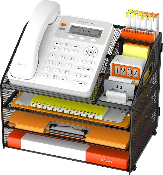 DocNest 4 Tier Metal Mesh Desk File Organizer with Phone Shelf, Black | Desktop letter tray sorter features a 9.1x9.1 inch top phone holder, built-in sticky note compartment and pen holder