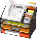 DocNest 4 Tier Metal Mesh Desk File Organizer with Phone Shelf, Black | Desktop letter tray sorter features a 9.1x9.1 inch top phone holder, built-in sticky note compartment and pen holder