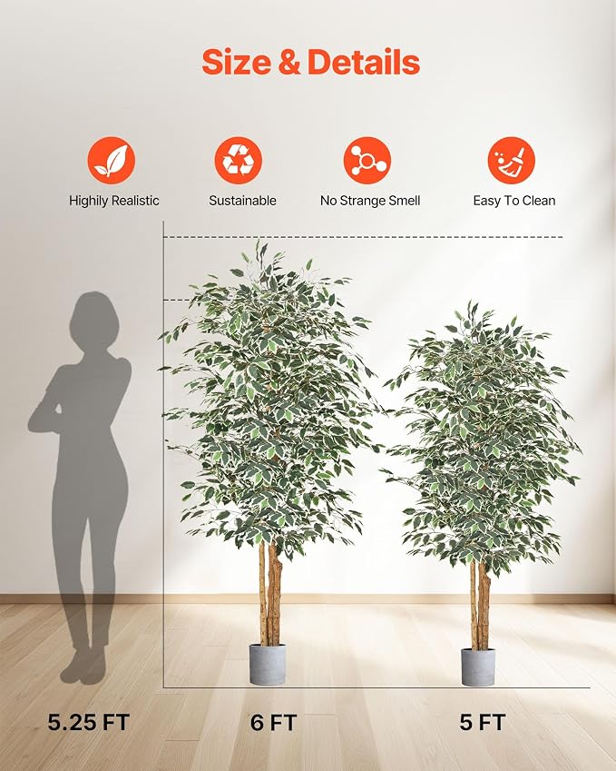 VEVOR 6FT Artificial Ficus Tree with Black Pot, Tall Faux Ficus Plant with Natural Wood Trunk and Realistic Green Leaves, Indoor Fake Silk Tree for Home, Office, Living Room, or Corner Décor