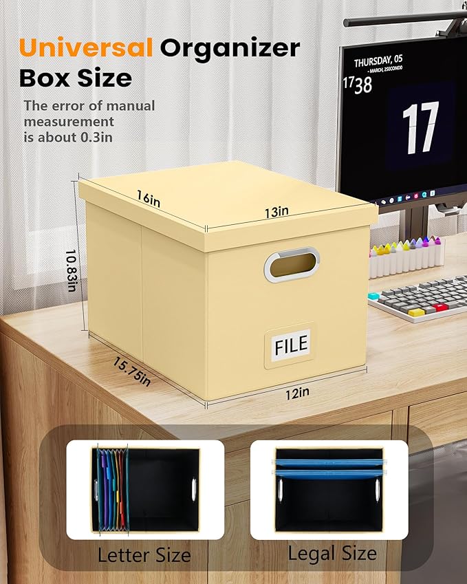 Oterri 2 Pack File Storage Organizer Box, Portable Document Box with Lid,Fit for Letter/Legal File Folder Storage,Cream-yellow(Leather)