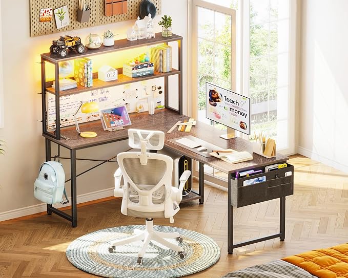AODK L Shaped Desk Gaming Desk with LED Light & Power Outlet | 53 Inch Grey Oak Reversible L Shaped Computer Table with Shelf & Storage Bag & Hook for Home Office