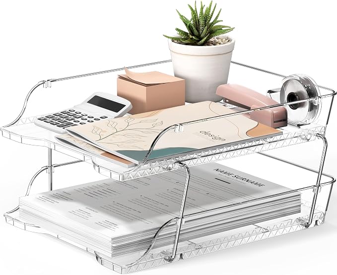 Simple Houseware 2-Tier Stackable Paper Tray for Desk Organizer, Clear | Desktop File Holder for A4/Letter Size Documents, File Sorter, Paper Holder, Office File & Accessories Storage