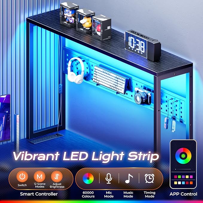 L Shaped Gaming Desk with LED Lights & Power Outlets | Reversible Computer Desk with Storage Shelves & Bag, Small Corner Home Office Desk with Pegboard for Work from Home, Black