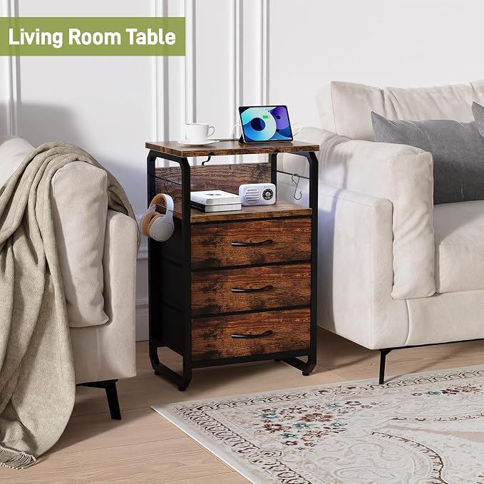runjuly End Tables Set of 2 with Charging Station, LED Lights, Hooks, Brown | 3 Large Fabric Drawers, USB C Ports & Power Outlets, Metal Night Stand Pair, Storage Nightstand for Living Room / Bedroom