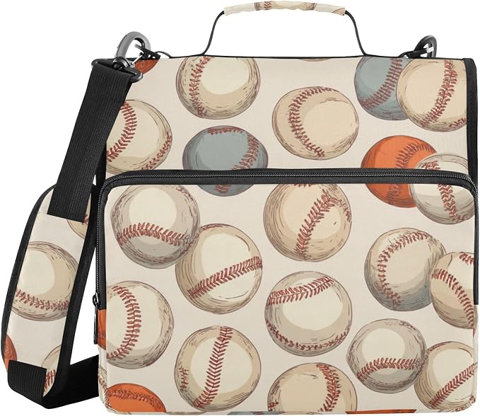 Fisyme Vintage Baseball Sport Zipper Binder 3 Ring with Zipper and Shoulder Strap Large Capacity Multi-Pocket Binder Organizer