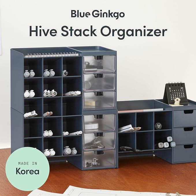 Blue Ginkgo Stackable Desk & Pen Organizer, Blue, Made in Korea | Multi-Compartment. 3 Drawers. Easy Access.