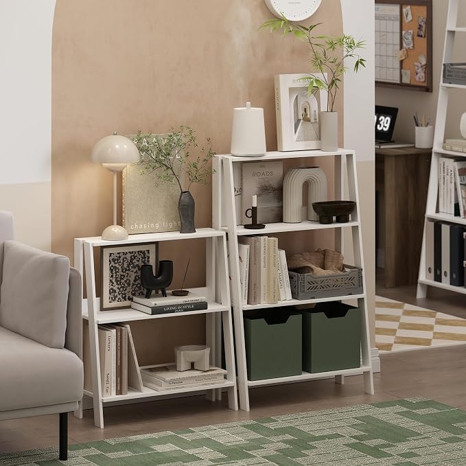 Furinno Ladder 3-Tier Book Shelf, Ladder Shelf, White | 9.3 x 23.6 x 27, Open Design Bookshelf, Display Storage Bookcase, Living Room, Home Office