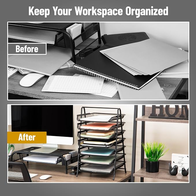 Mind Reader 7-Tier Paper Tray, Desktop Organizer, File Storage, Office, Metal Mesh, Black